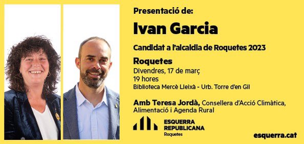 Presentació de: 
Ivan Garcia, candidat a l’alcaldia de Roquetes 2023 
DIVENDRES 17 de març, sala polivalent de la biblioteca Mercè Lleixà #utils