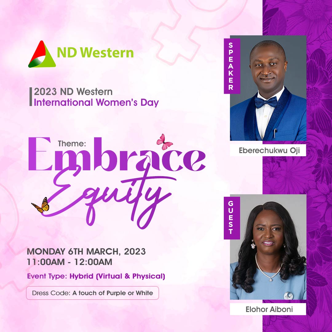 It’s the week of International Women’s Day and the Pearls of ND Western are geared up.

The ND Western Women Network is honoured to have the Managing Director, Shell Nigeria Exploration and Production Company Limited, Elohor Aiboni, as a guest speaker today.

#EmbraceEquity