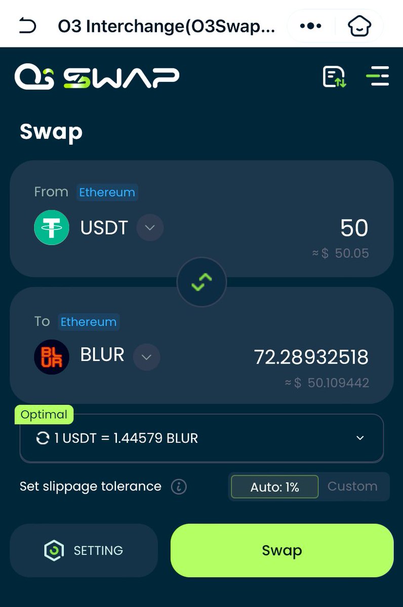 OMO (@omoswapx) on Twitter photo Today’s O3 SWAP OF THE DAY:
50 $USDT —> 72.28 $BLUR
User’s can now swap to and from the governance token for <a href="/blur_io/">Blur</a> aka the only NFT platform with #DeFi vibes! Today’s O3 SWAP OF THE DAY:
50 $USDT —> 72.28 $BLUR
User’s can now swap to and from the governance token for <a href="/blur_io/">Blur</a> aka the only NFT platform with #DeFi vibes!