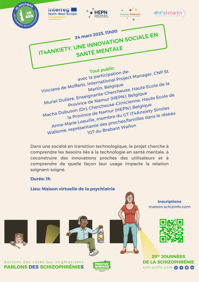 it4anxiety (@it4anxiety) on Twitter photo ๐ก ๐๐ฃ๐ก๐๐ฃ๐ ๐๐๐๐๐ฉ๐ on the use of technology in mental health
๐ March 24, 2023 - 11am to 12pm
๐ online, at the "Virtual House of Psychiatry"
โ๏ธ Register here: schizinfo.com/eventbrite-eveโฆ
Organized by PositiveMinders - <a href="/schizinfo/">Les Journรฉes de la Schizophrรฉnie</a>
<a href="/INTERREG_NWE/">Interreg NWE</a> ๐ก ๐๐ฃ๐ก๐๐ฃ๐ ๐๐๐๐๐ฉ๐ on the use of technology in mental health
๐ March 24, 2023 - 11am to 12pm
๐ online, at the "Virtual House of Psychiatry"
โ๏ธ Register here: schizinfo.com/eventbrite-eveโฆ
Organized by PositiveMinders - <a href="/schizinfo/">Les Journรฉes de la Schizophrรฉnie</a>
<a href="/INTERREG_NWE/">Interreg NWE</a>
