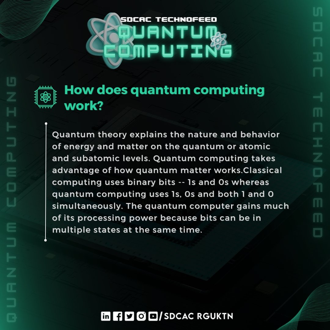 SDCAC_RGUKTN's tweet photo. Quantum computing is a rapidly evolving field of computer science that aims to develop computers based on the principles of quantum mechanics. 
Unlike classical computers, which rely on binary digits or bits to store manipulate data
#QuantumComputing  
#technofeed #sdcac_rguktn https://t.co/HFftglyjTS