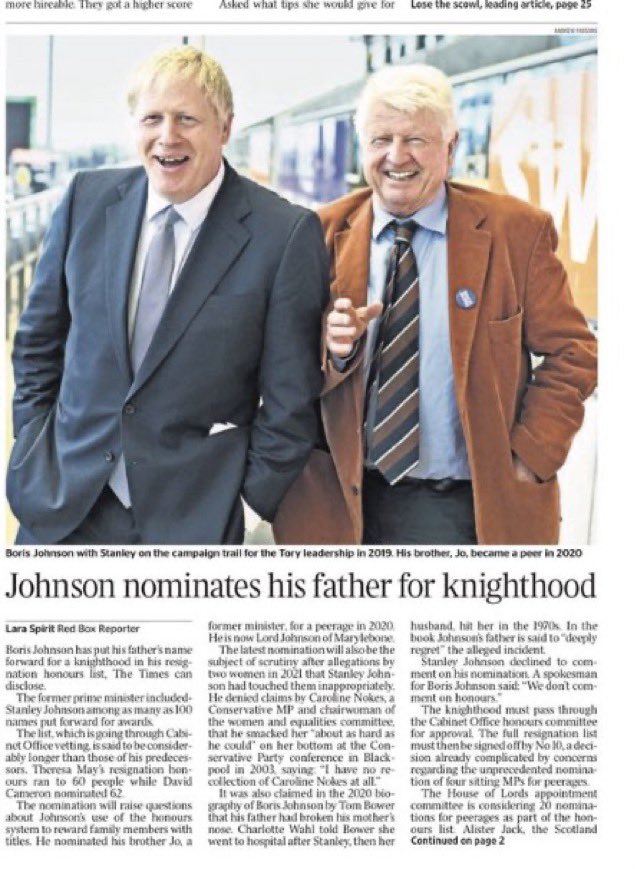 AdamBienkov's tweet photo. Boris Johnson nominates his father Stanley, who was previously accused of sexually assaulting two women and physically assaulting his former wife, for a knighthood. https://t.co/t61mXNocfe