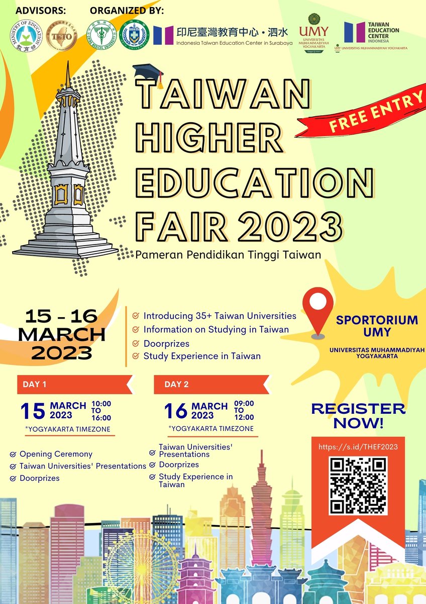 Halo Warga Jogja!

Pameran Pendidikan Taiwan terbesar se-Indonesia kembali hadir di Yogyakarta!
Ada apa aja sih di THEF 2023 ?? 

✅ Presentasi 35 Universitas terbaik Taiwan
✅ Beasiswa on the Spot!
✅ Doorprizes 
✅WAJIB REGISTRASI✅
Link Registrasi: s.id/THEF2023