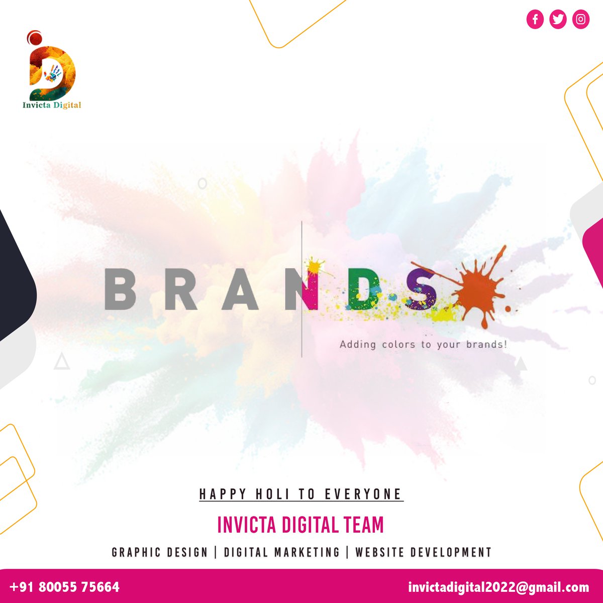 digital_invicta's tweet photo. On the occasion of the festival of colors and happiness..
We wish that your life is painted with brightness of all the happy colors that fill your life with glory and success, prosperity and joy…

#HappyHoli #trendingpost #topicalpost #invictadigital #branding #graphicdesigners https://t.co/zMnlV9WO2m