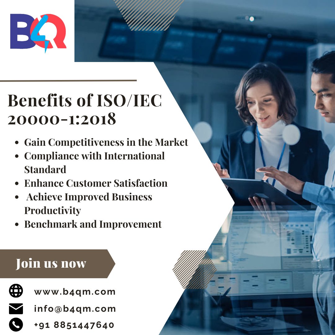 B4qManagement's tweet photo. ISO/IEC 20000-1:2018🖥️Certification |  IT service management system (ITSMS) | B4Q Management Ltd
🌐https://t.co/k052JqAcdY
☎️+91 88514 47640
✉ info@b4qm.com
#isocertification #ISOCertified #isocertificationbody #ISOcertificate #ISO #iso20000 #itservices #ITSM #itservicescompany https://t.co/fJXbm3Fokk