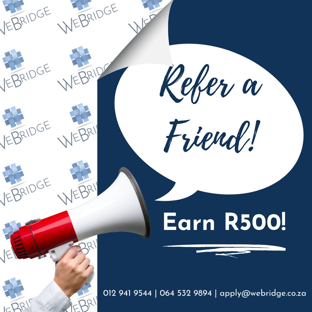 WeBridgeAll's tweet photo. If you have a friend in need of Bridging Finance, give us a shout, because you can qualify for a R500 referral fee!
https://t.co/fW3hk1Hw2C https://t.co/Eytkg3Nt3o