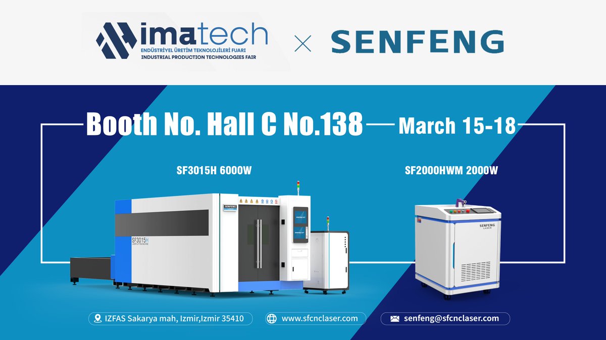 SenfengGroup's tweet image. Don't miss SENFENG best-selling products and free demos at #Imatech!!
SF3015H—6kW Fiber Laser Cutter
SF2000HWM—2kW Handheld Fiber Laser Welder
From March 15th, we will be here for 4 days. Let’s enjoy with all our hearts and see you at Hall C, booth 138.