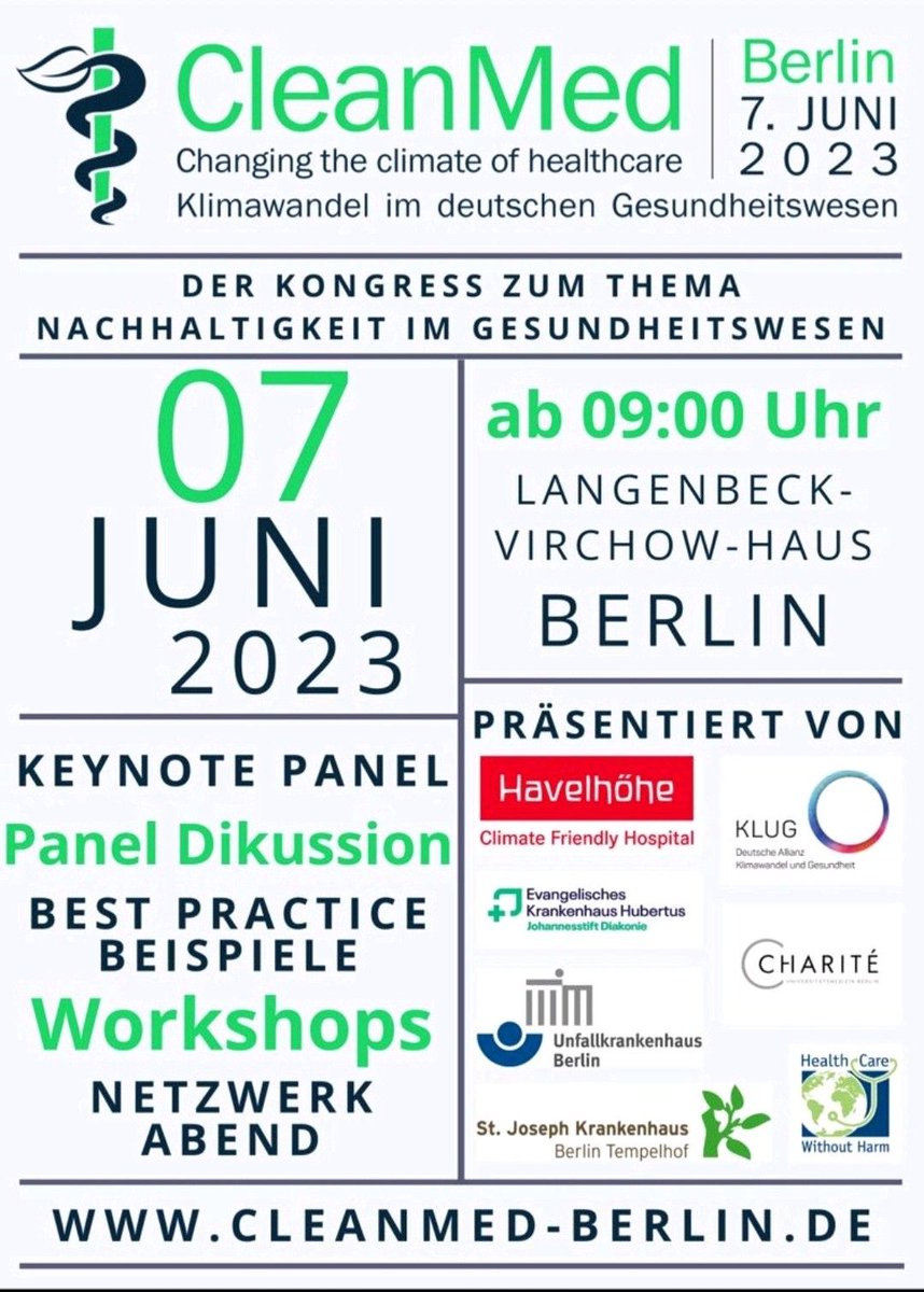 Die CleanMed Berlin ist ein eintägiger Kongress, der zum ersten Mal am 07. Juni 2023 in Berlin stattfindet. Das Thema: “Klimawandel im Gesundheitswesen”. Jetzt anmelden! cleanmed-berlin.de

#cleanmedberlin #cmb23 #ZUKECommunity #greenhealthcommunity