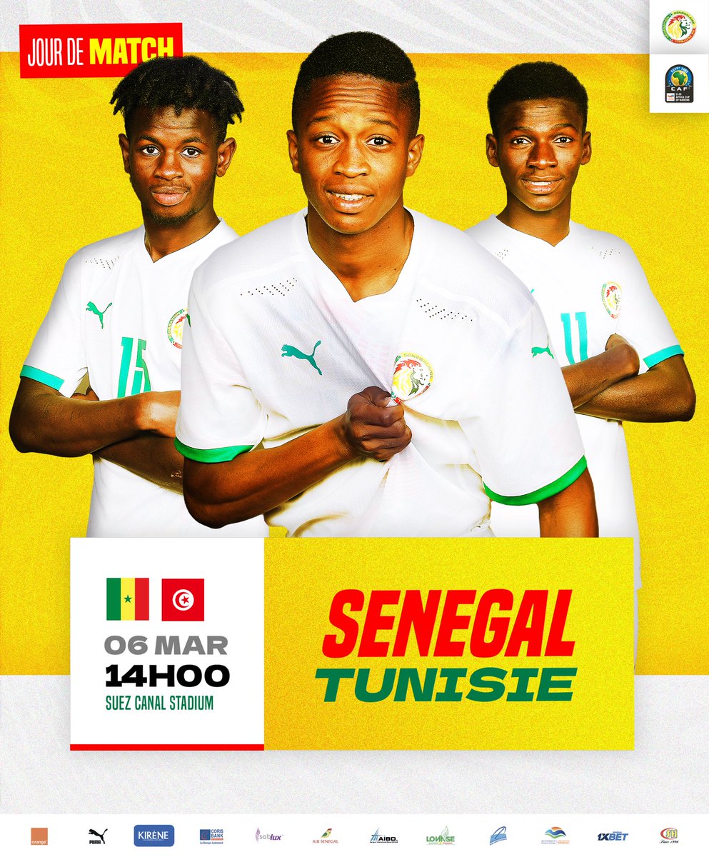Fsfofficielle's tweet photo. 𝙅𝙊𝙐𝙍 𝘿𝙀 𝙈𝘼𝙏𝘾𝙃 | Sénégal vs Tunisie
🕑 Coup d’envoi : 14h00 GMT 
🏟️ Stade du Canal de Suez 
📺 RTS1 Sénégal 
📲 #AFCONU20 | #SENTUN https://t.co/KoybnifV1m