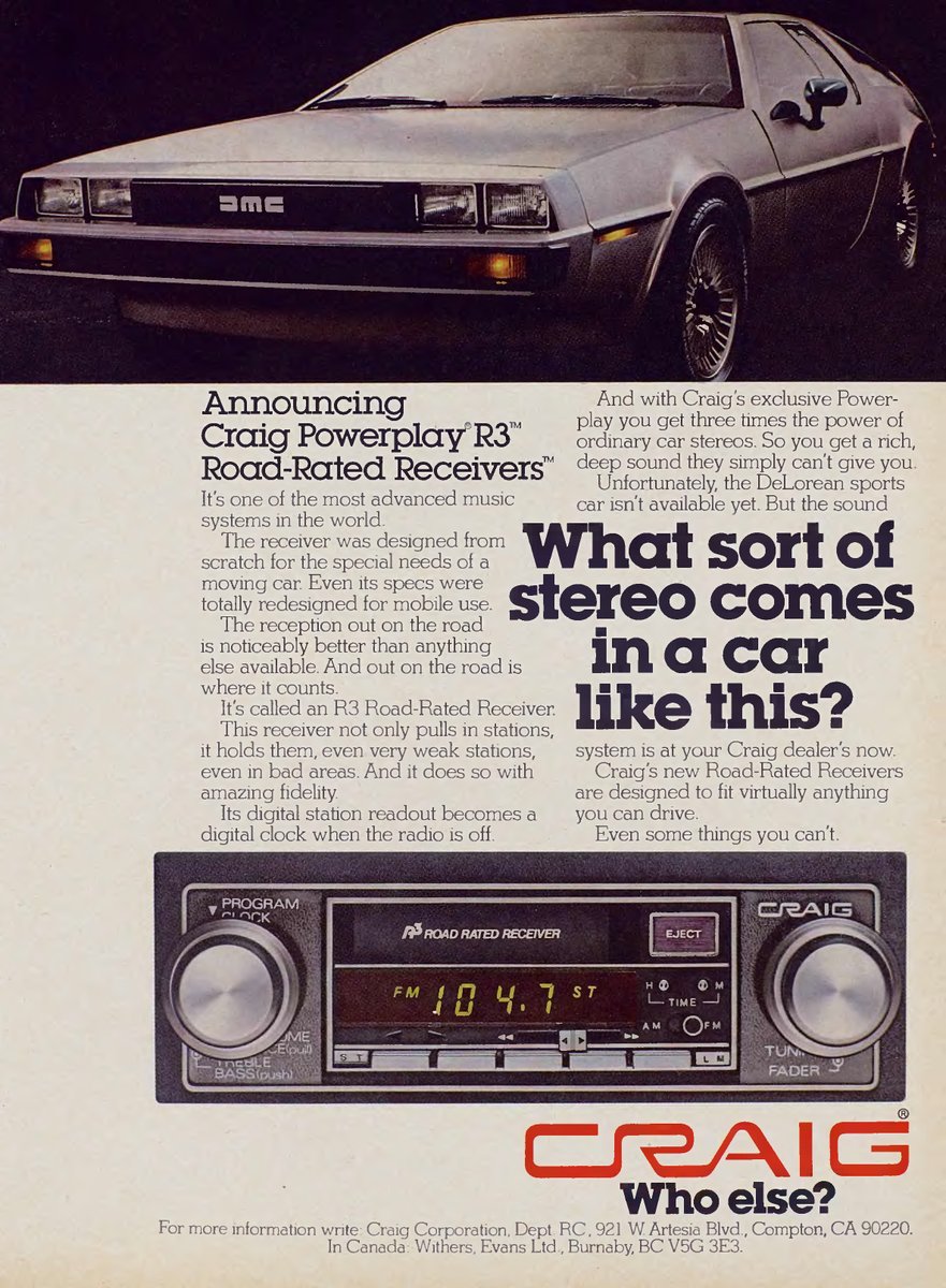JediTray's tweet photo. Here's a couple of ads from Playboy Magazine in 1979.

#magazineadvertising #delorean #craigcarstereo #atari #atari2600 #PLAYBOY https://t.co/Bf0mYNwmWk