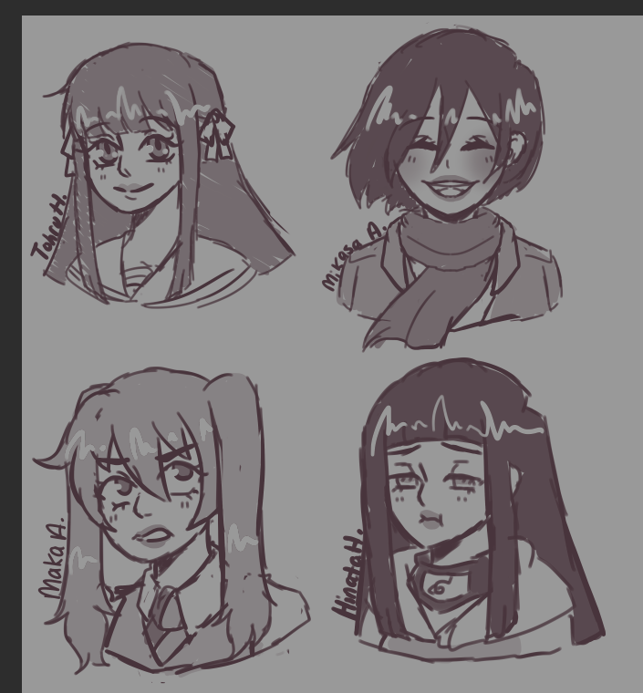 before i pass out, here was some doodles from stream~
lots of good girls in a character generator 🥺
#tohruhonda #mikasaackerman #makaalbarn #hinatahyuga #doodle #bestgirls #digitalart #fruitsbasket #aot #souleater #naruto