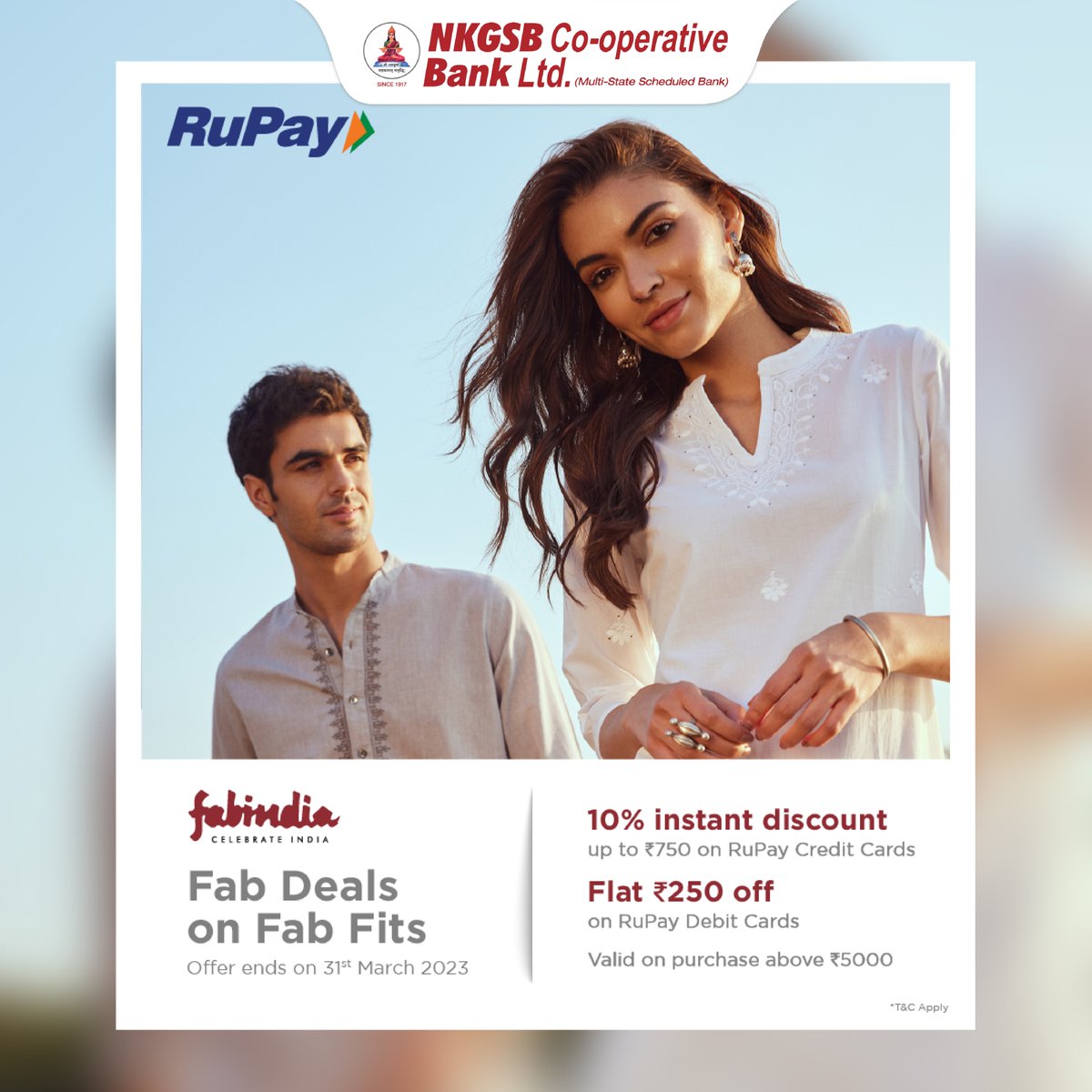 NkgsbBank's tweet photo. Get major discounts at FabIndia with your NKGSB Bank's Rupay Cards.

#NKGSB #NKGSBBank #FabIndia #RupayCards  #Banking #Finance #EasyLoans #HomeLoans #EducationLoans #NetBanking #DigitalBanking #InternetBanking https://t.co/UU0CMJFTrR