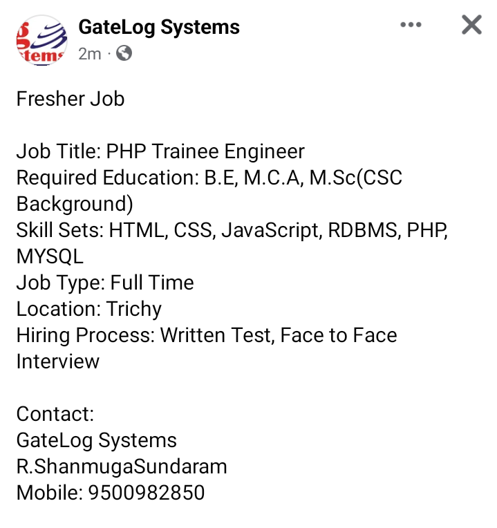 GateLogSystems's tweet image. Fresher Job 

Job Title: PHP Trainee Engineer
Required Education: B.E, M.C.A, M.Sc(CSC Background)
Skill Sets: HTML, CSS, JavaScript, RDBMS, PHP, MYSQL
Job Type: Full Time
Location: Trichy
Hiring Process: Written Test, Face to Face Interview.
Mobile: 9500982850