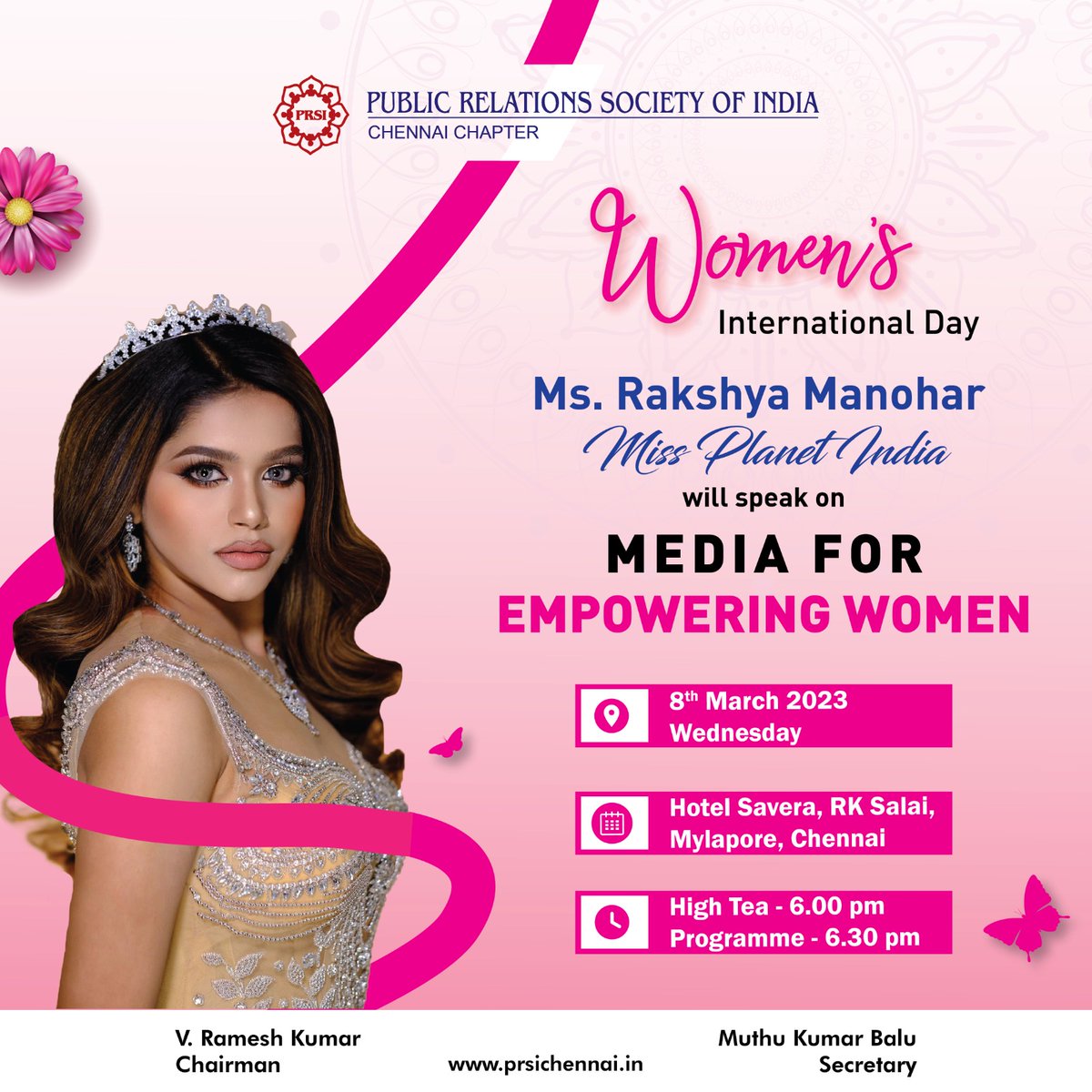 PRSIChennai's tweet photo. PUBLIC RELATIONS SOCIETY OF INDIA
CHENNAI CHAPTER
Women's InternationalDay
Ms. Rakshya Manohar
will speak on
MEDIA FOR EMPOWERING WOMEN
9thMarch 2023
Wednesday https://t.co/O6TJe9K84E