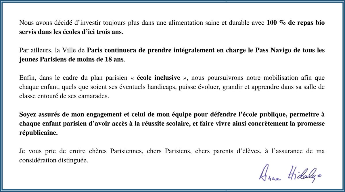 Anne_Hidalgo's tweet photo. C'est inacceptable ! Avec mon équipe nous nous opposons à la fermeture de classes de primaire et de postes d'enseignants en collèges et lycées à Paris.

Refusons que l'éducation de nos enfants soit dégradée au profit des logiques statistiques du Gouvernement.

Ma lettre ⤵ https://t.co/RcocEVPjdF