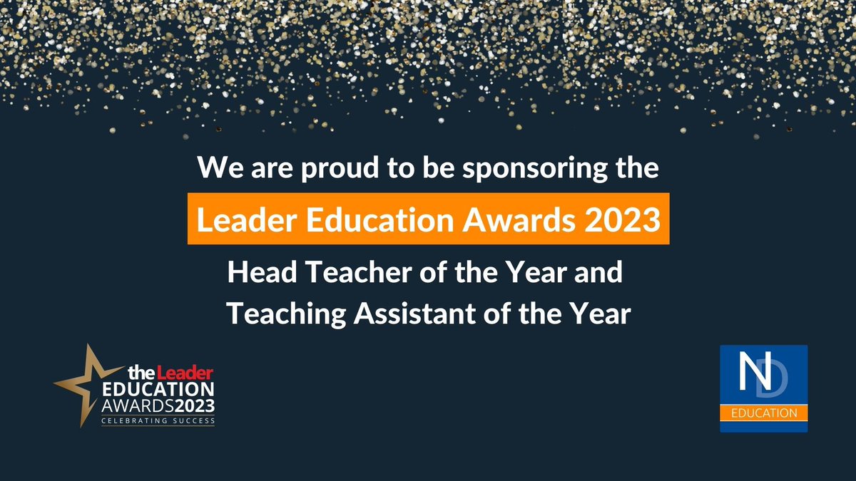 We’re proud to announce that we’re sponsoring the @TheLeader Education Awards categories: 
🏅  Head Teacher of the Year 
and 
🏅Teaching Assistant of the Year 

#TLeducation23
@ndeducation
