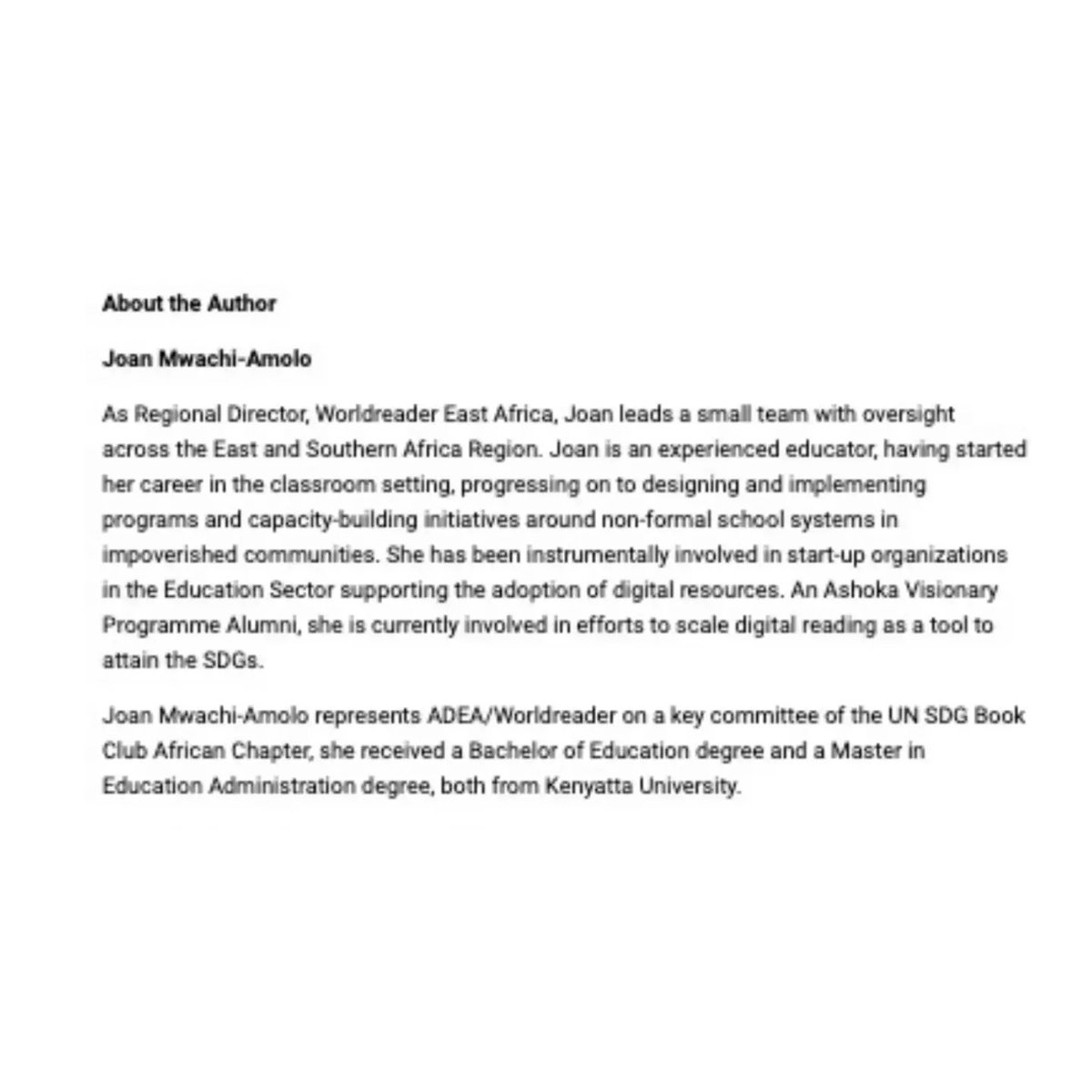 In a recent publication on The SDG Book Club African Chapter, under <a href="/UNNamibia/">United Nations in Namibia</a>; the regional director of Worldreader East Africa <a href="/jmwachi/">Joan Mwachi</a> shared the role of Worldreader in achieving SDG inclusive, equitable and quality education. 
Read more on: namibia.un.org/en/221412-role…