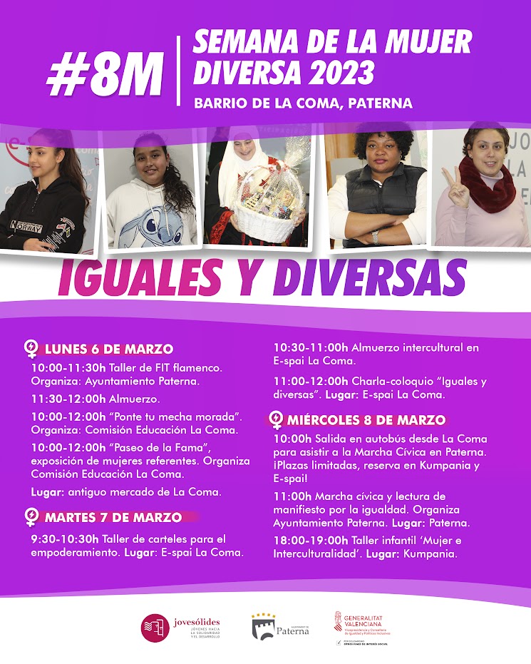 JOVESOLIDES's tweet photo. 💜En #LaComa celebramos la semana de la mujer diversa con todas estas actividades. ¿A cuál te has apuntado?

#IgualesYDiversas #SerJovesólides #8M

@AytoPaterna @GVAinclusio #EspaiLaComa #Nala #Kumpania https://t.co/GKLUDfqPH7