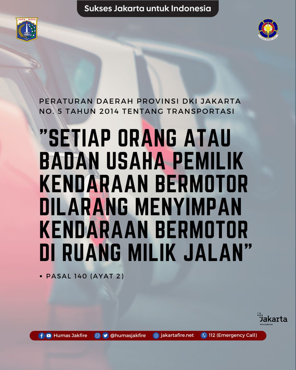 Sesuai dengan Perda Provinsi DKI Jakarta No. 5 Tahun 2014 Tentang Transportasi, dalam pasal 104 ayat 2 berbunyi “Setiap orang atau badan usaha pemilik kendaraan bermotor dilarang menyimpan kendaraan bermotor di ruang milik jalan” (6/3) #JAKI <a href="/DKIJakarta/">Pemprov DKI Jakarta</a> <a href="/dprddkijakarta/">DPRD Provinsi DKI Jakarta</a>