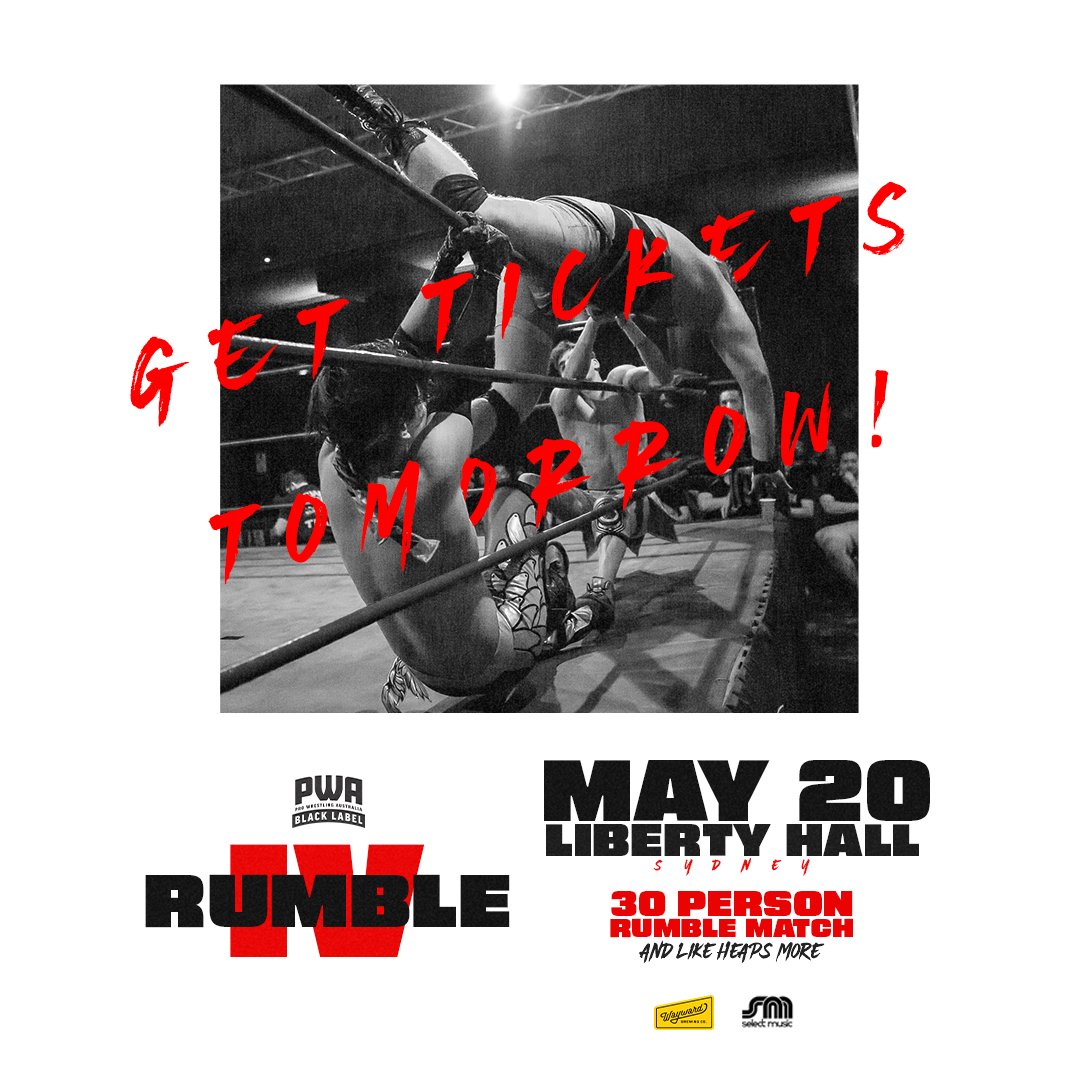 🚨 The PWA Rumble Returns MAY 20 🚨

Get your tickets TOMORROW MORNING at 10AM 

Unless you're a Lucha Loyalty Member, who've gotten early access🔐 to get the best seat in the house. Sign up now ⬇️⬇️⬇️
prowrestlingaustralia.com.au/lucha-loyalty