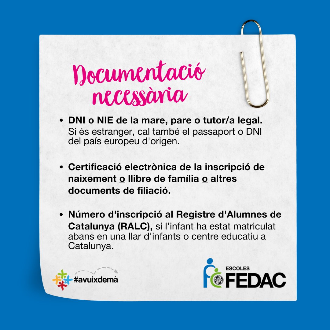 FEDACMONISTROL's tweet photo. 📎 Documentació necessària:
✅ DNI/NIE de mare, pare o tutor. Si és estranger, cal el passaport o DNI del país europeu
d’origen.
✅ Certificat d’inscripció del naixement o llibre de família.
✅ Núm. al Registre d'Alumnes (RALC), si ha estat matriculat abans a Catalunya. https://t.co/ybB5n7QboF