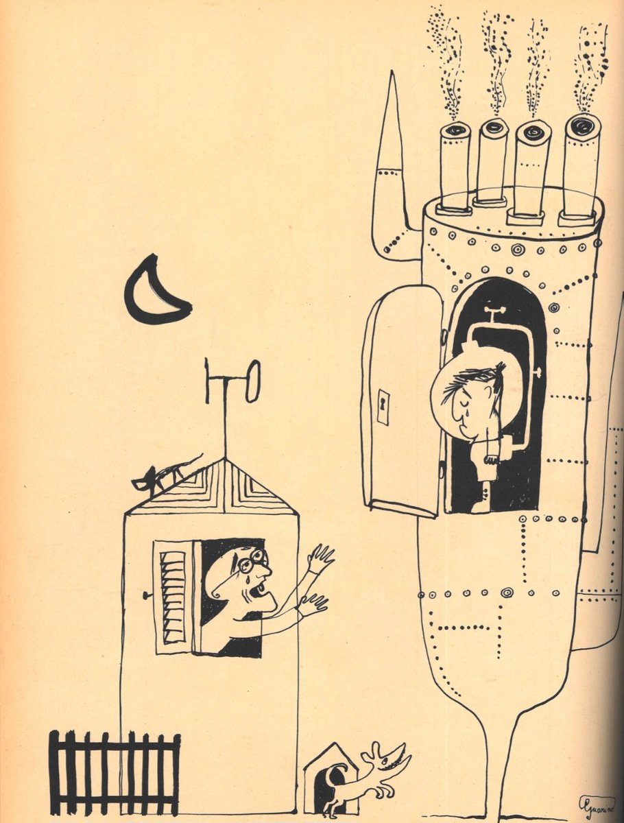 Questo disegno di #UgoGuarino fu pubblicato su #CiviltaDelleMacchine (4, 1956). Siamo all'epoca dei viaggi nel cosmo. Nel giardino di casa può atterrare un congegno primordiale come un razzo. #AlfonsoGatto definì questi oggetti 'macchine fossili'. @FondazSinisgall @LDO_Fondazione