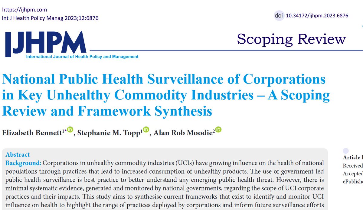 Stephanie M Topp (@globalstopp) on Twitter photo 👏Tools to tackle negative hlth impacts of corporate practices: ijhpm.com/article_4385.h…
In this review led by <a href="/Dr_LizBennett/">Liz Bennett</a> <a href="/RobMoodie/">Rob Moodie</a> we:
👉I.D. 37 corporate practices
👉Propose summary framework to guide routine surveillance of unhealthy commodity industries by govts. 👏Tools to tackle negative hlth impacts of corporate practices: ijhpm.com/article_4385.h…
In this review led by <a href="/Dr_LizBennett/">Liz Bennett</a> <a href="/RobMoodie/">Rob Moodie</a> we:
👉I.D. 37 corporate practices
👉Propose summary framework to guide routine surveillance of unhealthy commodity industries by govts.