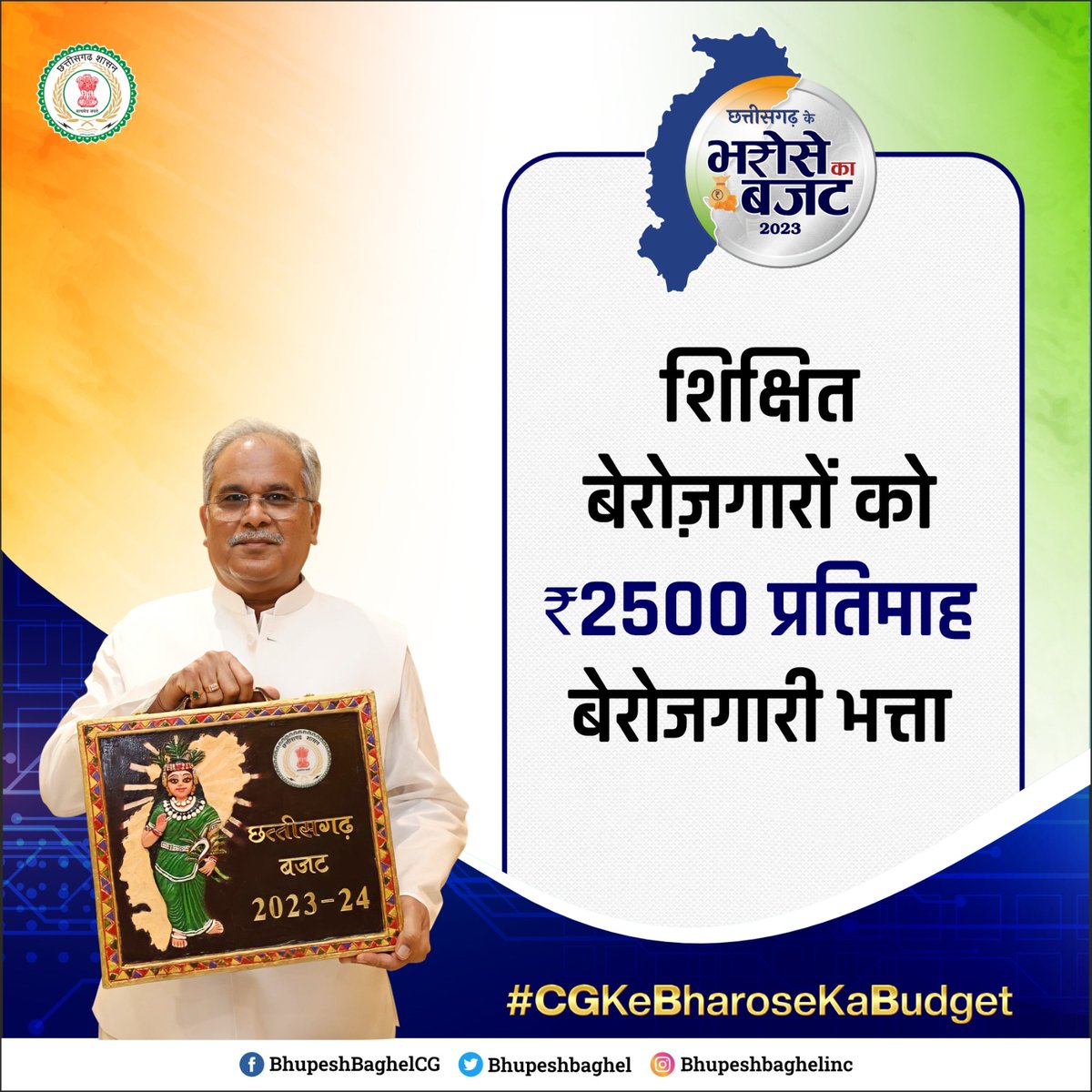 AkashSharmaINC's tweet photo. मुख्यमंत्री श्री @bhupeshbaghel जी ने प्रदेश के शिक्षित बेरोजगार युवाओं को 2500 रू. 
प्रतिमाह बेरोजगारी भत्ता देने की घोषणा की
#CGKeBharoseKaBudget https://t.co/xEzQokXOLW