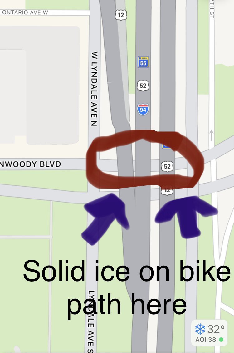 I took the Cedar Trail detour home tonight and discovered a big sheet of ice on Dunwoody Avenue under highway 94.

Just in case you happen upon it … 

#winterbiking