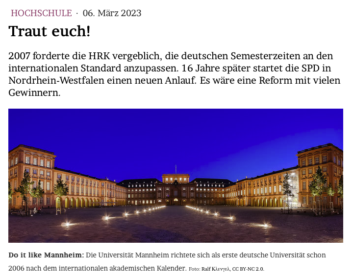 JMWiarda's tweet photo. TRAUT EUCH!

2007 forderte die @HRK_aktuell vergeblich, die deutschen #Semesterzeiten an den internationalen Standard anzupassen. 16 Jahre später startet die @nrwspd einen neuen Anlauf. Es wäre eine Reform mit vielen Gewinnern.

Im Blog: https://t.co/SuAHTnCQw2 https://t.co/NWnhmFcg9S