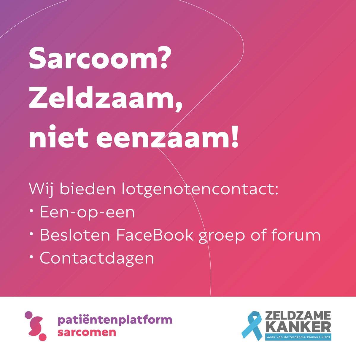 Van 6 tot en met 12 maart is het de Week van de Zeldzame Kankers en vragen wij aandacht voor de uitdagingen waar mensen met een zeldzame kanker mee te maken krijgen. Sarcomen zijn er in vele subtypes, van zeldzaam tot ultra zeldzaam. 
patientenplatformsarcomen.nl @NFK
