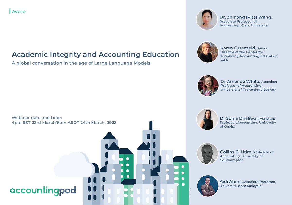 #academicintegrity  including the broader factors impacting sustainable #accounting #education remain in need of constant focus.

Join us for a lively 60 minute discussion from a truly global panel of #academic #educators  and experts:

Register here: us02web.zoom.us/webinar/regist…