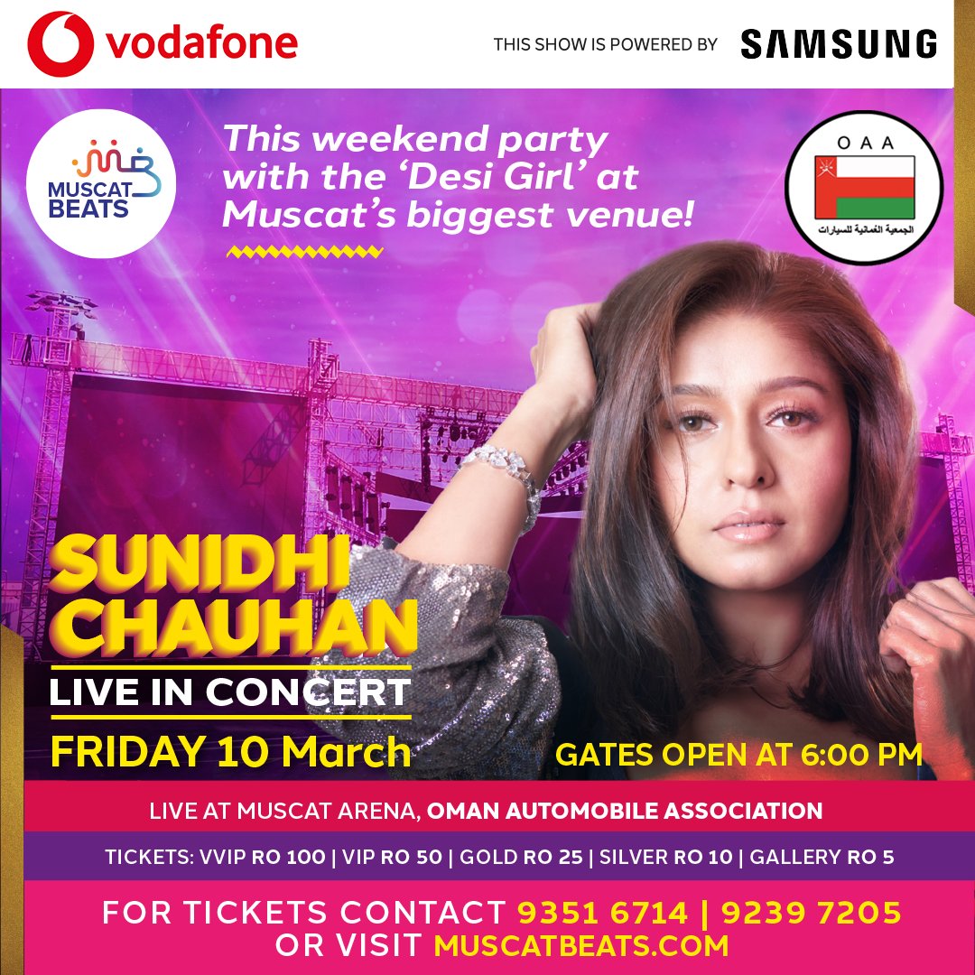 muscatbeats's tweet photo. Watch the Bollywood sensation perform live at @VodafoneOMN Muscat Beats powered by Samsung Oman on the 10th of March at Muscat Arena @OAA_OmanAuto 

Book your tickets today at https://t.co/UYYb0sZP60 or call 92397205 / 9351 6714 https://t.co/LRaOJUzRKz