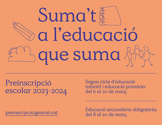 🔉És l'hora de triar, comença la preinscripció escolar d'I3, I4, I5 i primària. 

🗓️Del 6 al 20 de març

Suma't a l'educació que suma! 

📲 preinscripcio.gencat.cat/ca/inici/

#SempreEndavant
