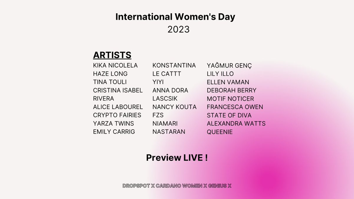 1/ Order Up!
Guaranteed. You don’t want to miss this.

The #IWD2023 #NFTLikeAQueen COLLECTIONS PREVIEW IS NOW LIVE! 🎉

We are excited to showcase 26 powerhouse female creators from around the world. 

#WomenHistoryMonth #Cardano <a href="/Cardano_CF/">Cardano Foundation</a> #NFT4Impact