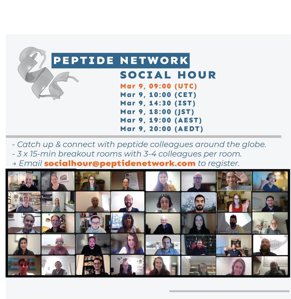 Join us for the virtual March Peptide Social this Thursday to catch up with your international colleagues in an informal setting. ☕️💻

⏰ If you have not registered yet, but would like to attend, please contact us via email.

<a href="/EurPepSoc/">European Peptide Society</a> <a href="/ampepsoc/">American Peptide Society</a> <a href="/AusPeptide/">AusPeptide</a> <a href="/ProPepChem/">ProPepChem</a>