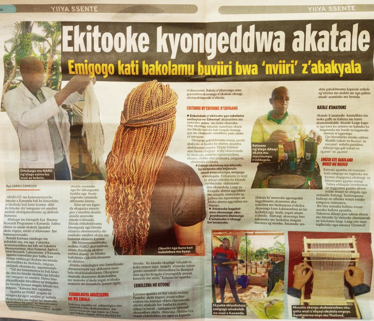 NAROBanana's tweet photo. Zzabu mu bitooke

Ab'e @NaroKawanda bagaziyizza akatale . Batandise okubiggyamu 'enviiri' z'abakyala, ddaayi, wuzi n'engoye.

Thanks @bukeddeonline for the coverage at the #HarvestMoneyExpo 
#Banana #ValueAddition https://t.co/fm5q90J6Zm