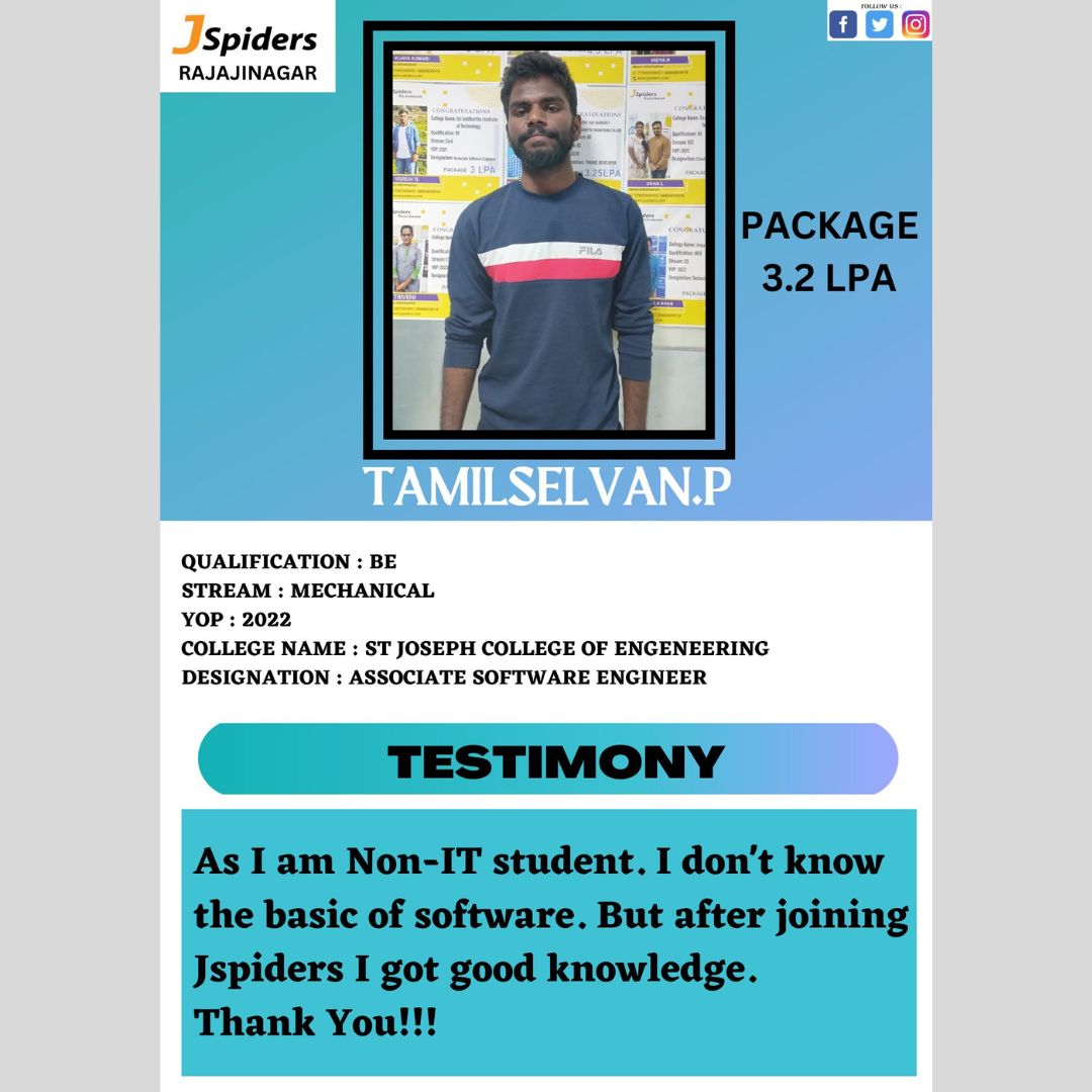 JRajajinagar's tweet image. Congratulations &amp;amp; Best wishes TAMILSELVAN.P
Placed as ASSOCIATE SOFTWARE ENGINEER🤩

student feedback about the institution😊
.
.
well done and all the best 🎉🎉

FOR MORE DETAILS OF COURSE PLEASE VISIT BELOW LINK:
jspiders.com/courses

@jspiders.rajajinagar

#mnc #softwarer
