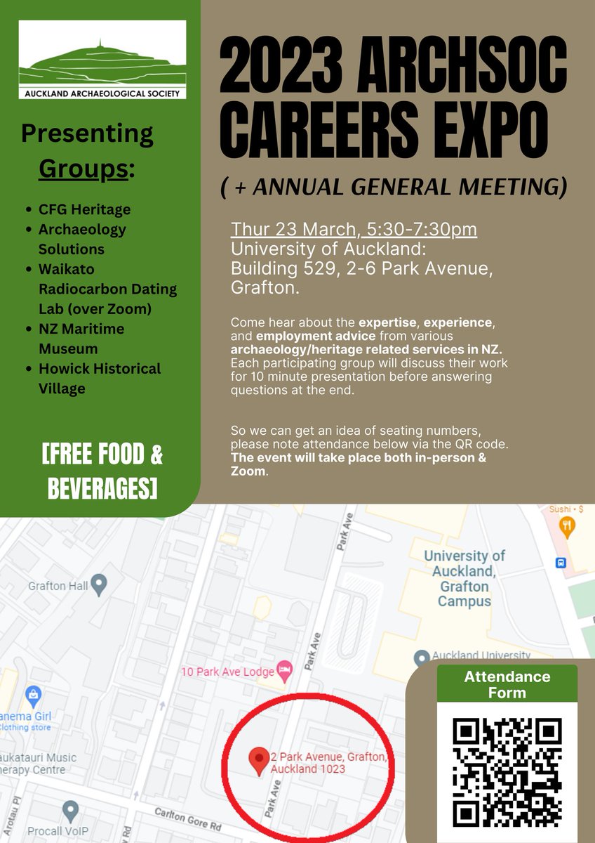 ArchSoc is planning on hosting our 2023 Annual General Meeting on the 23rd of March (5:15pm).
Level One Tea Room of Building 529 (2-6 Park Ave, Grafton Campus).

As part of the event, we'll be hosting a small Careers Expo with various archaeology &amp; heritage-related groups.