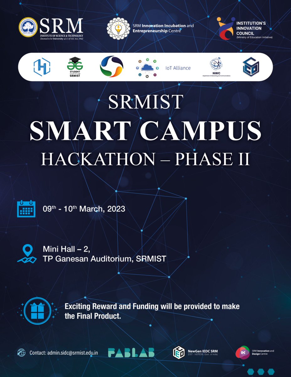 SRM_DEI's tweet image. After the successful completion of Phase 1, "SRM Smart Campus Hackathon – Phase 2" is to be held on March 9–10, 2023, at Mini Hall 2, TP Ganesan Auditorium.
#srmist #smart #hackathon #problemsolving #innovation #solution #entrepreneurship #startup