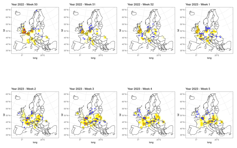 EuphaIdc's tweet photo. Eurosurveillanc: RT @EFSA_EU: 📣🆕EFSA's #BirdFluRadar🦆📡

Check detailed maps 🗺️ displaying the risk of Highly Pathogenic #AvianInfluenza (#HPAI) introduction in wild #birds by location &amp; week within the 🇪🇺!

The tool is now a prototype with new featur… https://t.co/gWeoHzsLw0