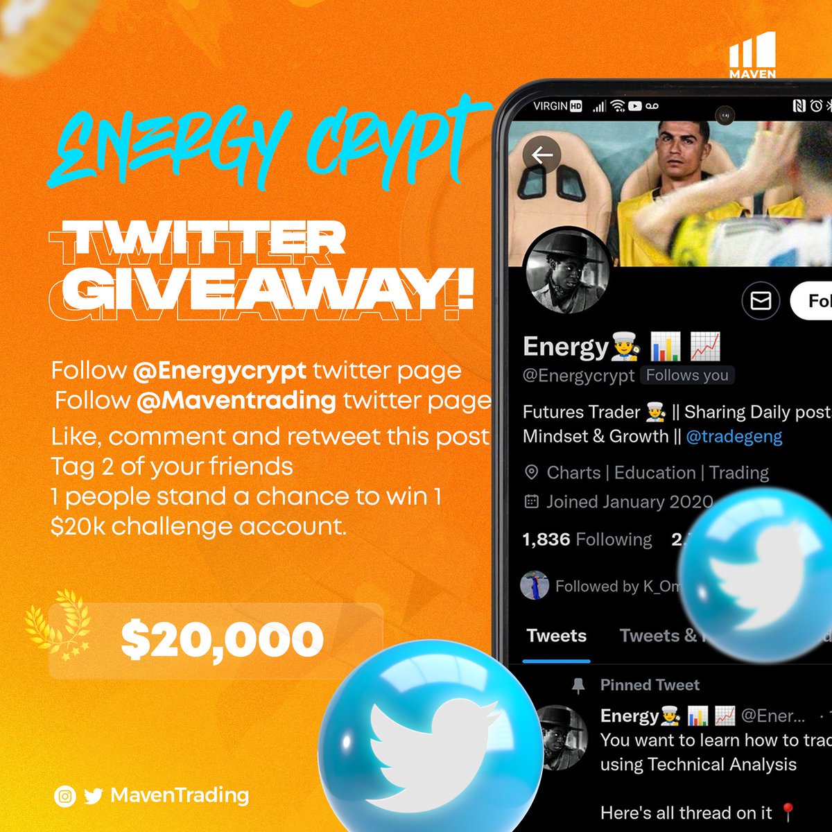 $20,000 Funded Prop Acc GIVEAWAY🎉 to active followers 

Criteria to Win ⬇️
1. Follow <a href="/Energycrypt/">BIG ENERGY</a> 
2. Follow <a href="/Maventrading/">Maven Prop Trading</a> Twitter page and on discord   
3. Like, comment and retweet
4. Tag 2 friends

Winners will be announced on the 11th of march