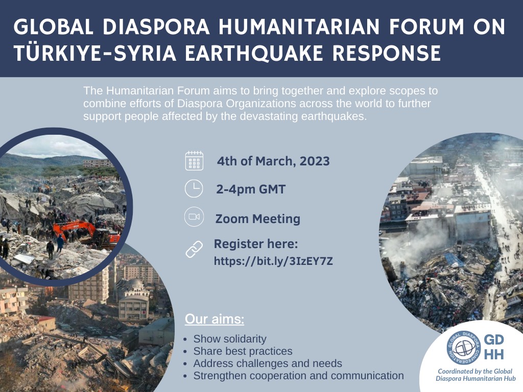 GDC wishes to extend its heartfelt gratitude to our speakers, IOM colleague and all who  attended the Global Diaspora Humanitarian Forum on Türkiye-Syria Earthquake Response. 

For more details on the event, please click the link:
lnkd.in/dmYMGRnu

#humanitarianassistance
