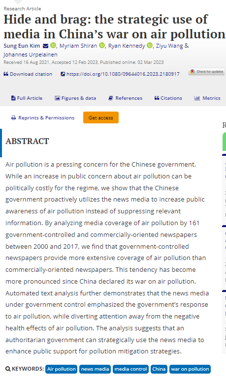 In “Hide and Brag: The Strategic Use of Media in China's War on Air Pollution” <a href="/sung_kim/">hung_kim</a>, @MyriamShiran, <a href="/RyanKennedy7/">Ryan Kennedy</a>, <a href="/ZiyuZoe/">Ziyu Wang</a> &amp; @jurpelai find governments use media to emphasize gov's response to pollution, while shifting attention from problem itself. bit.ly/3Jdw2p9