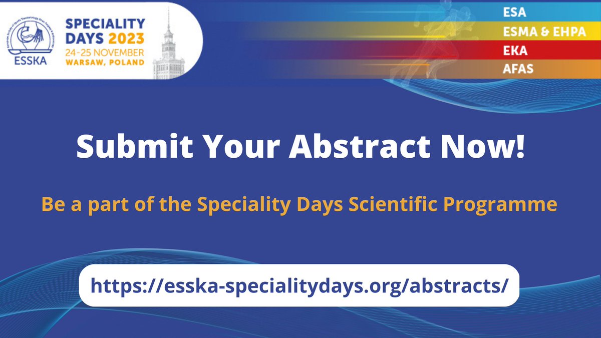 ESSKA_society's tweet image. Submit your abstract and showcase your #research at #ESSKASD2023!

All accepted #abstracts will be considered for Free Papers and displayed as ePosters. Abstract #awards and JEO waivers for the best abstracts! 

Find out more loom.ly/bNGP3Yo

#sportstraumatology