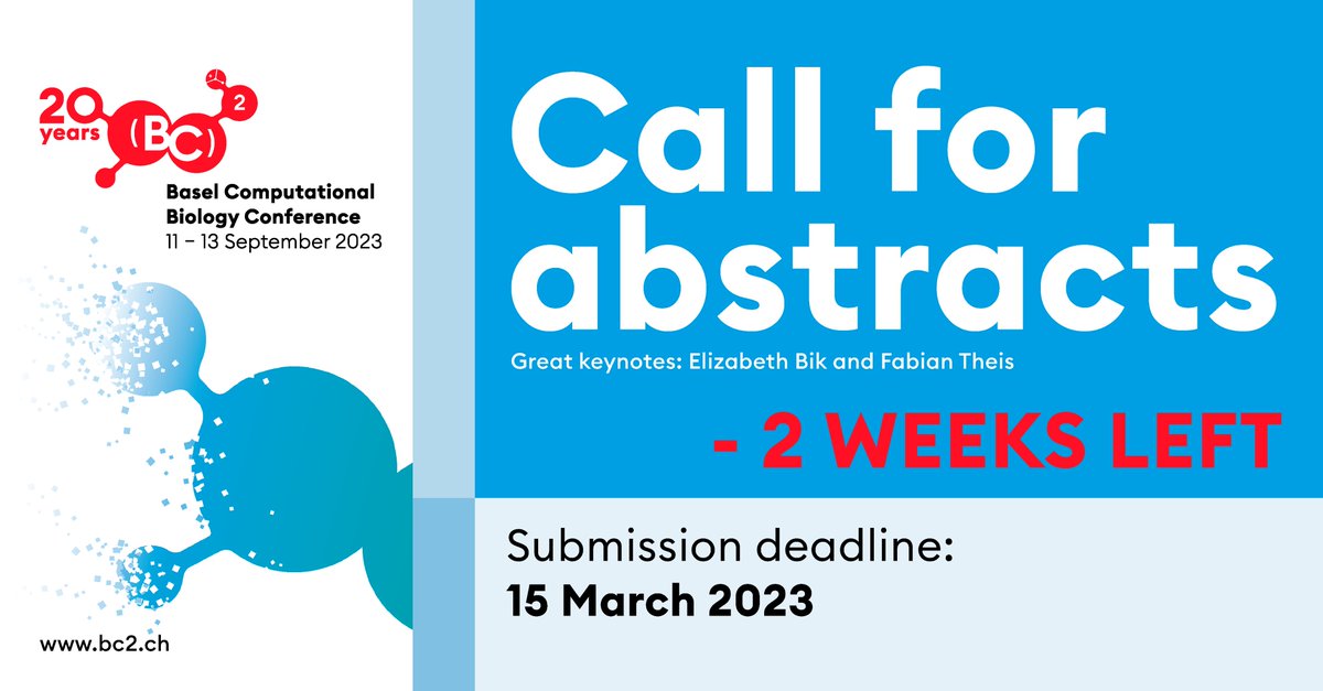 Not much time left to submit an abstract for the #bc2basel #ComputationalBiology Conference: Make sure to apply to be considered for an oral or poster presentation before the call closes.

🗓️Deadline: 15 March 2023

👉Submit an abstract: tinyurl.com/yakbndrw
