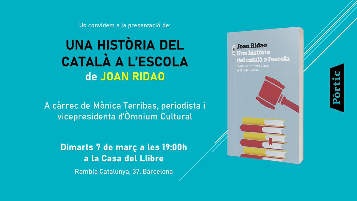 🗓 Demà dimarts 7 de març podeu assistir a la presentació del llibre ‘Una història del català a l’escola’ de @Joanridao:

⏱️ A les 19h
📍  A la @casadellibro, #RamblaCatalunya, BCN
🙌 Presentació a càrrec de Mònica Terribas (@omnium)

➡ Us hi esperem!