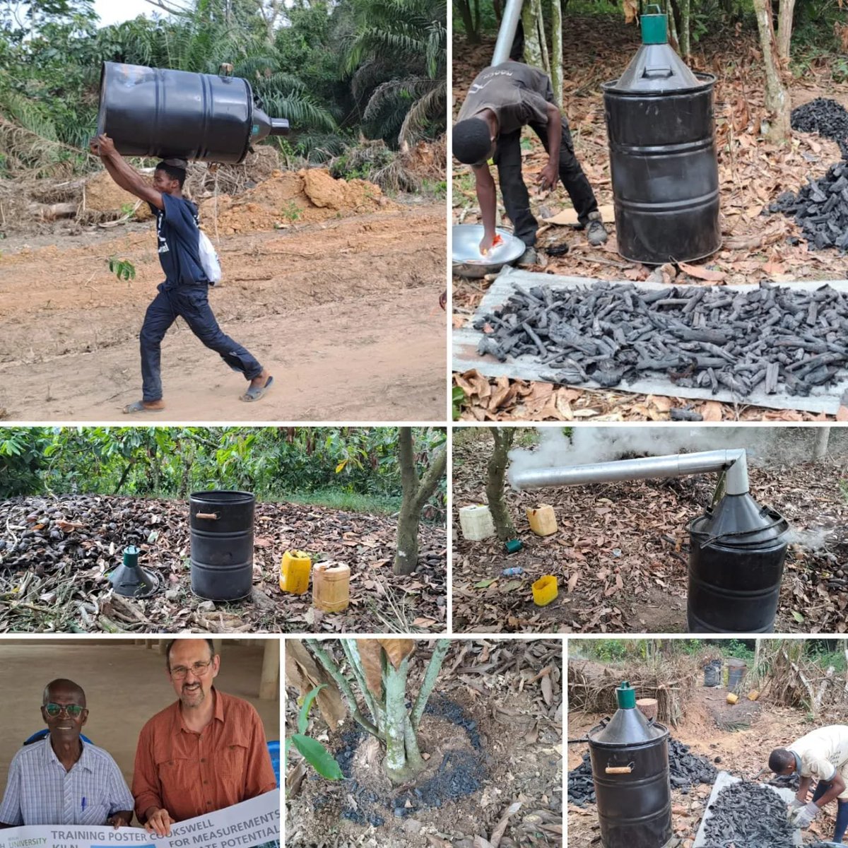 Great to see how well our charcoal making kilns are getting on in Ghana 🇬🇭 making charcoal, #biochar and #woodvinegar from a wide range of local feedstocks. 
Many thanks to Dr. Pfeiffer and Dr. Gyasi for this deep field research on decentralised mobile #pyrolisis using our kilns.