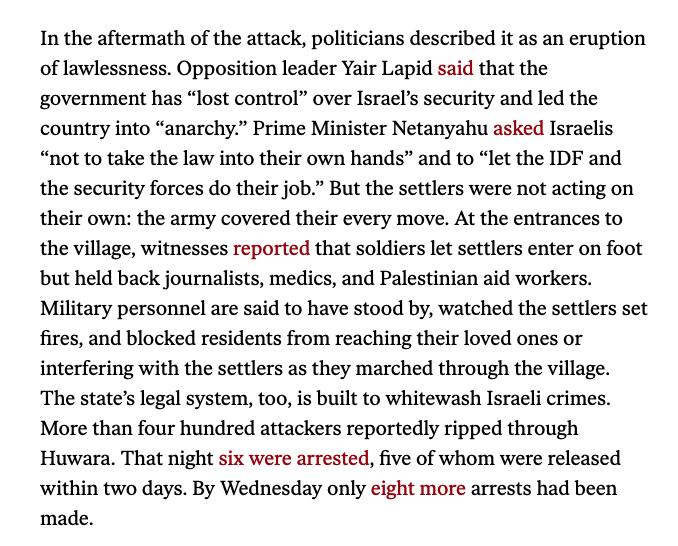 'But the settlers were not acting on their own: the army covered their every move.' 
This is Israeli state sponsored terrorism/pogrom.

ecommend insights, @TareqBaconi is always on point with this analysis.

Thanks @anniefofani for the heads up here.