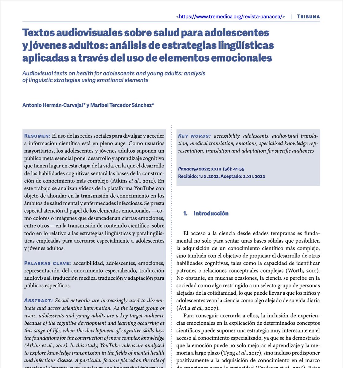 Es todo un placer haber participado en el monográfico sobre traducción audiovisual y traducción médica de la revista Panace@ junto a mi querida directora, Maribel Tercedor. ¡Todo un lujazo estrenarme con mi primera publicación en un número tan chulo y bonito! <a href="/TRADAMACC/">TRADAMACC</a>